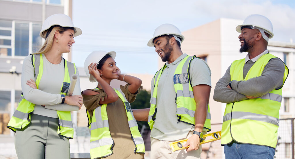 construction, talking and employees in the city as a team, laughing and speaking about building. diversity, arms crossed and contractors working together on renovation, infrastructure and engineering